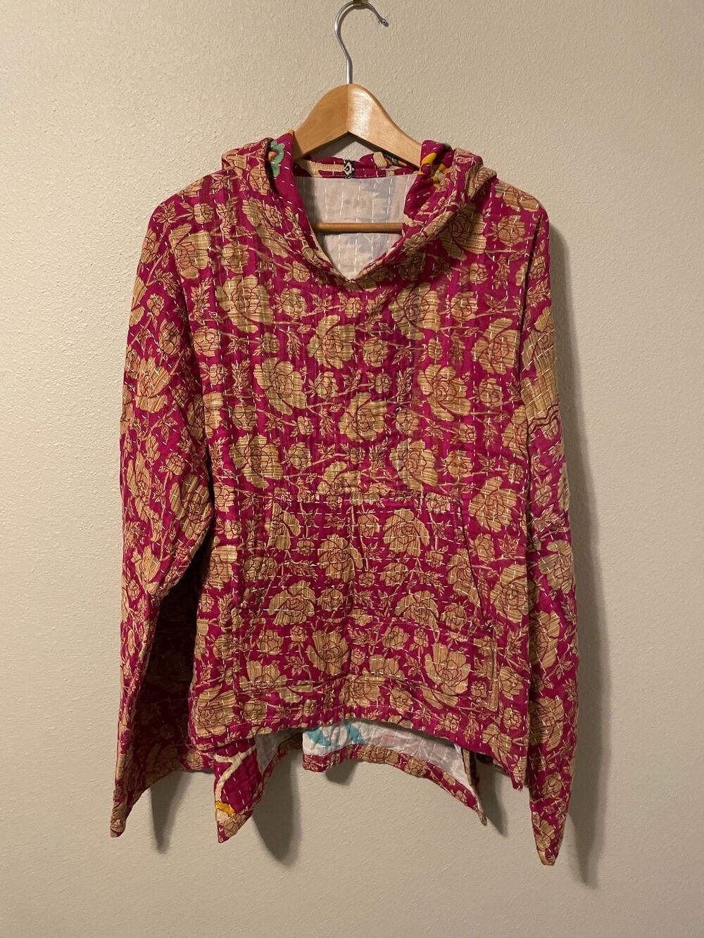 Quilted Hooded Jacket Womens One Size Multicolor Reversible Boho Artsy Kantha